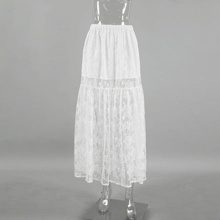Women's See Through Floral Lace Skirts Elastic High Waist Sheer A Line Long Skirt