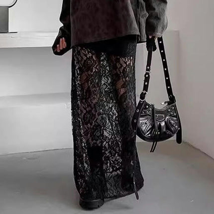 Women See Through Maxi Skirts High Waist Floral Lace A Line Long Skirts