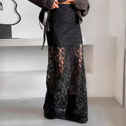 Women See Through Maxi Skirts High Waist Floral Lace A Line Long Skirts