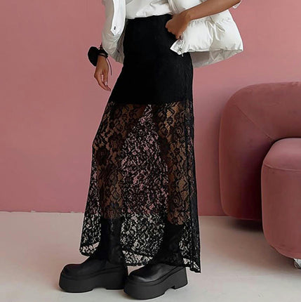 Lace Maxi Skirts for Women Sexy See Through Floral Lace High Waist Long Skirt