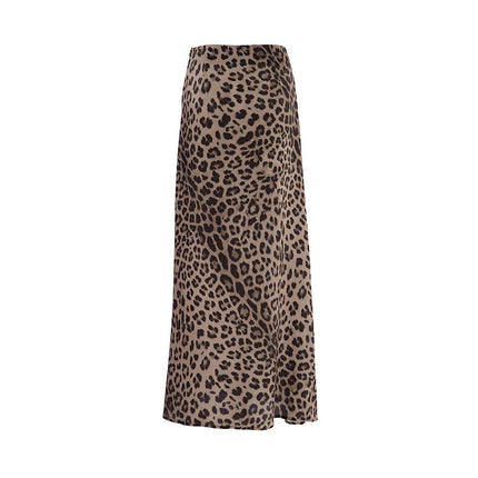Women Leopard Print High Waist Satin Maxi Skirt Casual Slim Fit A Line Long Skirt