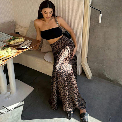 Women Leopard Print High Waist Satin Maxi Skirt Casual Slim Fit A Line Long Skirt