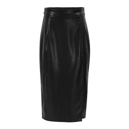 Women's Faux Leather Bodycon Skirt High Waist Midi Skirt with Slit