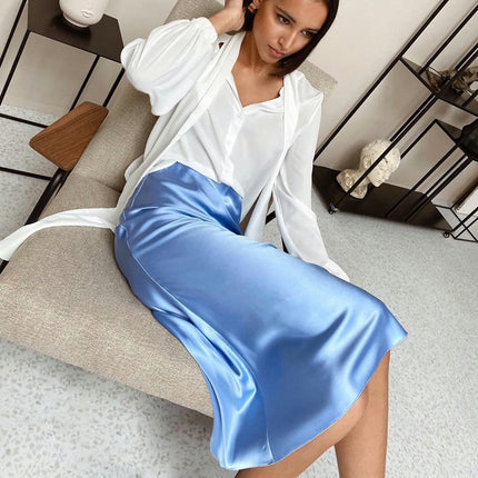 Womens Satin Midi Skirts Casual High Waisted Elegant A Line Skirt