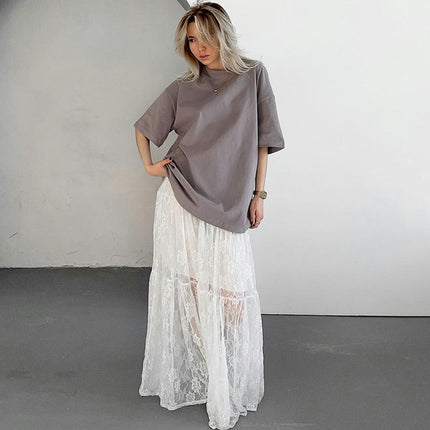 Womens Maxi Floral Lace Skirt High Waist Sheer See Through Long Skirt