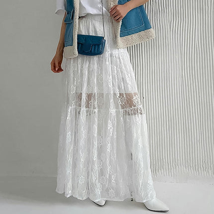 Womens Maxi Floral Lace Skirt High Waist Sheer See Through Long Skirt