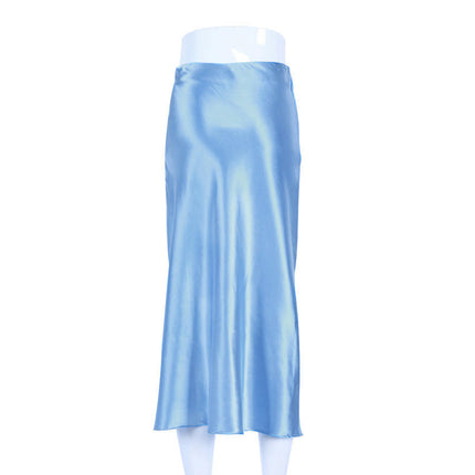 Women Satin Elegant Skirt A Line High Waisted Cocktail Party Midi Skirt