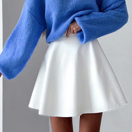 Women Faux Leather Short Skirt High Waist A-Line Flared Mini Skirt