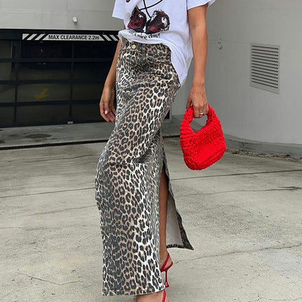 Women's High Waist Leopard Print Maxi Skirt Casual Slit Pencil Long Skirts