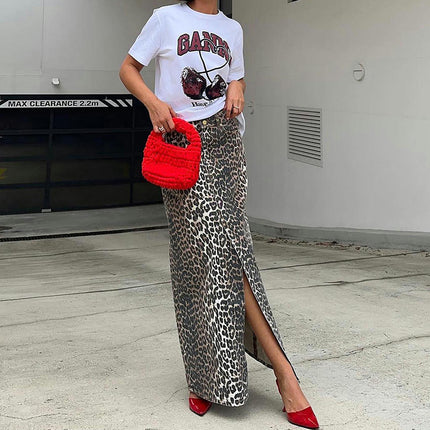 Women's High Waist Leopard Print Maxi Skirt Casual Slit Pencil Long Skirts