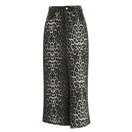 Women's High Waist Leopard Print Maxi Skirt Casual Slit Pencil Long Skirts