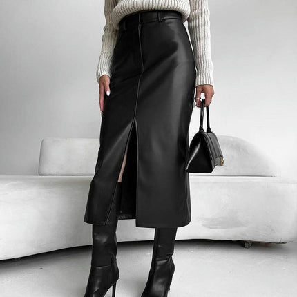 Women's Elegant Faux Leather Skirt High Waist Slit Bodycon Midi Skirt