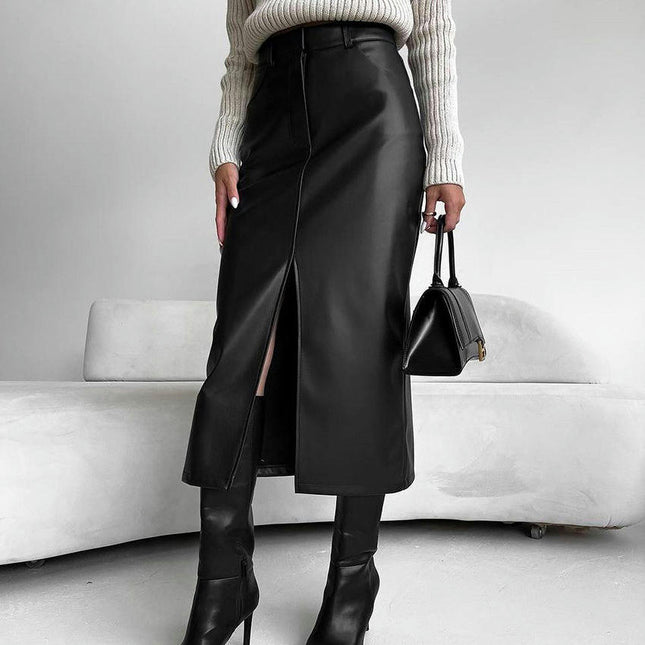 Women's Elegant Faux Leather Skirt High Waist Slit Bodycon Midi Skirt