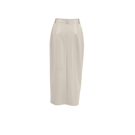 Women's Elegant Faux Leather Skirt High Waist Slit Bodycon Midi Skirt