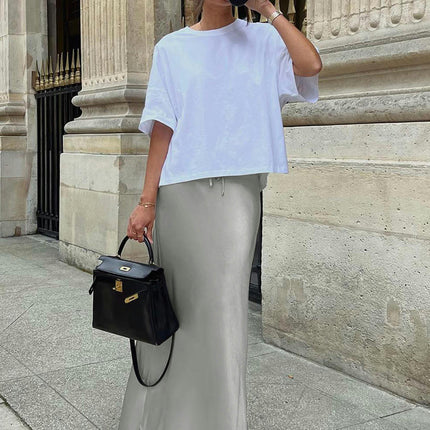 Women Satin Maxi Skirt High Waist A Line Elegant Party Long Skirts