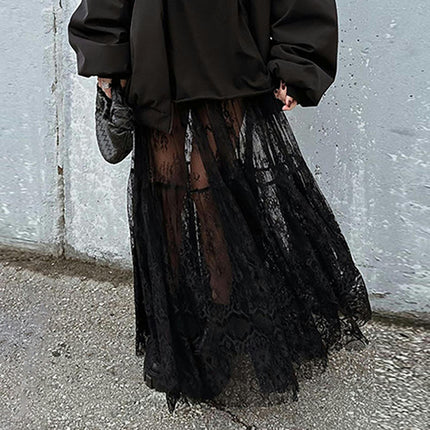 Womens Sheer Maxi Skirt High Waist Summer See Through Floral Lace Long Skirts