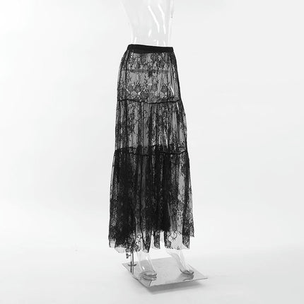 Womens Sheer Maxi Skirt High Waist Summer See Through Floral Lace Long Skirts