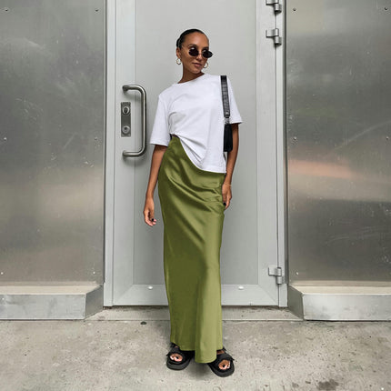 Women's Satin High Waisted Maxi Skirts A Line Elegant Long Skirt