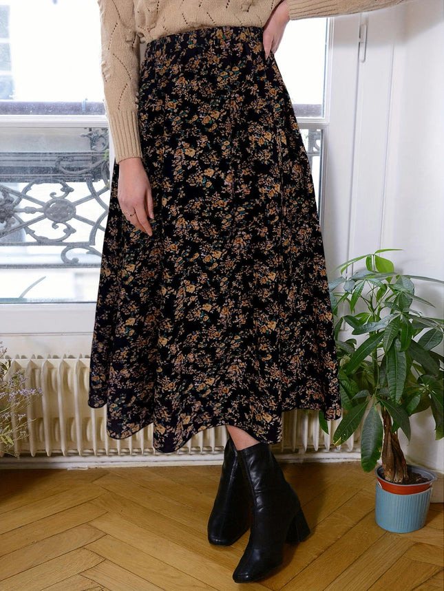 Women's Boho Floral Print Maxi Skirt Pleated A-Line Swing Long Skirts
