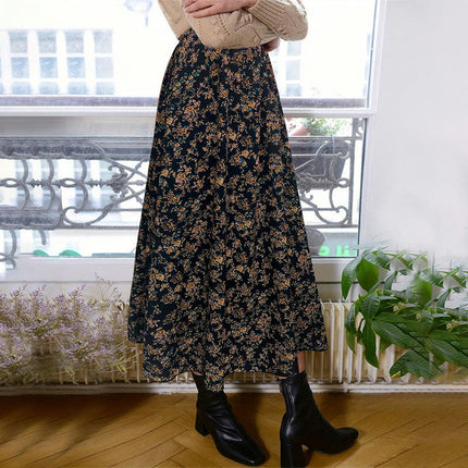 Women's Boho Floral Print Maxi Skirt Pleated A-Line Swing Long Skirts