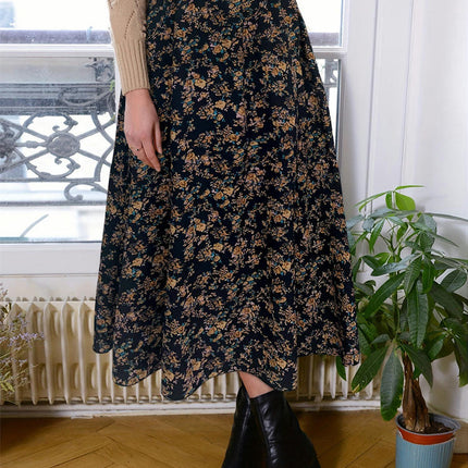 Women's Boho Floral Print Maxi Skirt Pleated A-Line Swing Long Skirts