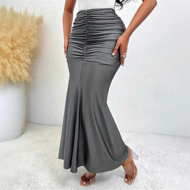 High Waist Long Skirts for Women Stretchy Solid Fishtail Ruched Bodycon Maxi Skirt