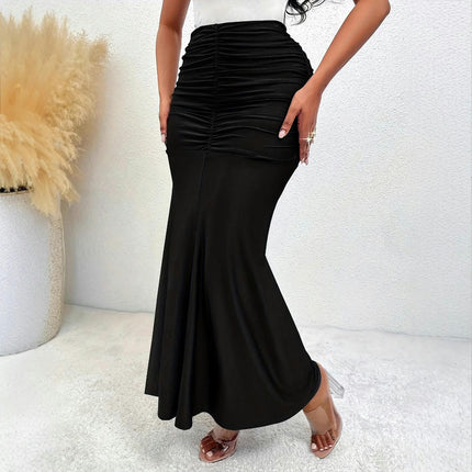 High Waist Long Skirts for Women Stretchy Solid Fishtail Ruched Bodycon Maxi Skirt