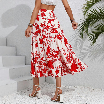 Women's Summer Boho Flowy Swing Tiered A-Line Midi Skirt Elastic Waist Pleated Skirts