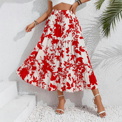 Women's Summer Boho Flowy Swing Tiered A-Line Midi Skirt Elastic Waist Pleated Skirts