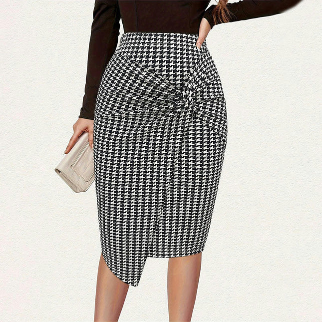 Women's Knee Length Stretch Pencil Skirt High Waisted Bodycon Twist Front Midi Skirt