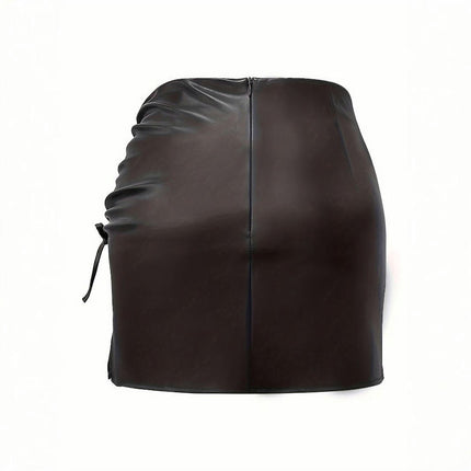 Women Faux Leather Bodycon Short Skirt Ruched High Waist Slit Mini Skirt