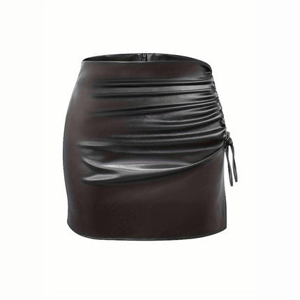 Women Faux Leather Bodycon Short Skirt Ruched High Waist Slit Mini Skirt