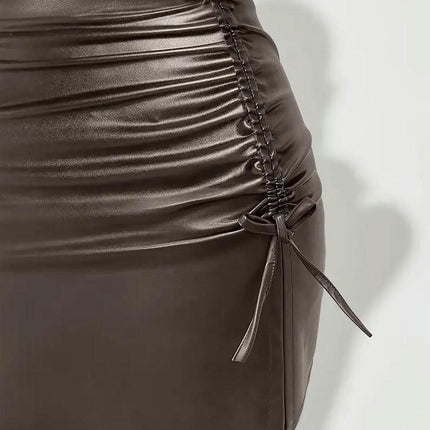 Women Faux Leather Bodycon Short Skirt Ruched High Waist Slit Mini Skirt