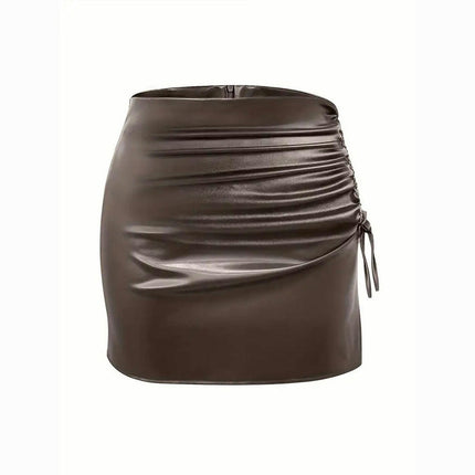 Women Faux Leather Bodycon Short Skirt Ruched High Waist Slit Mini Skirt