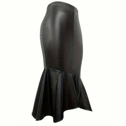 Women's Faux Leather Pencil Skirt High Waist Bodycon Ruffle Fishtail Midi Skirt