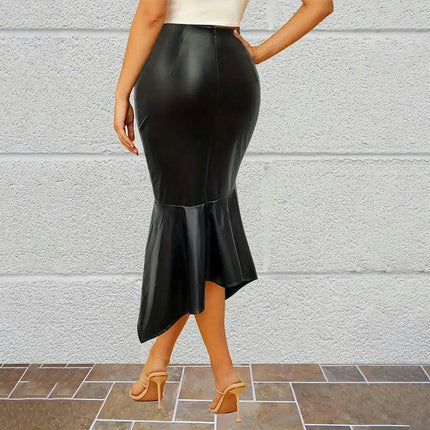 Women's Faux Leather Pencil Skirt High Waist Bodycon Ruffle Fishtail Midi Skirt