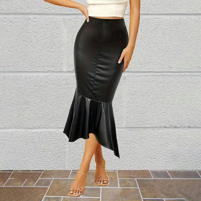 Women's Faux Leather Pencil Skirt High Waist Bodycon Ruffle Fishtail Midi Skirt