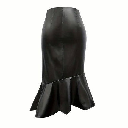Women's Faux Leather Pencil Skirt High Waist Bodycon Ruffle Fishtail Midi Skirt