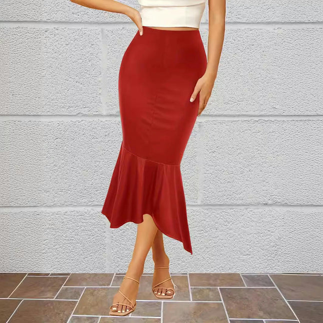Women's Faux Leather Pencil Skirt High Waist Bodycon Ruffle Fishtail Midi Skirt