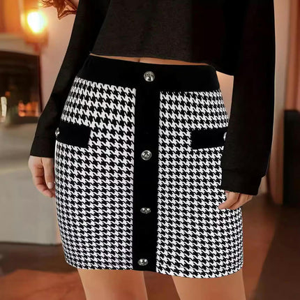 Women's Elegant Plaid Mini Skirts High Waist Bodycon Button Short Skirt