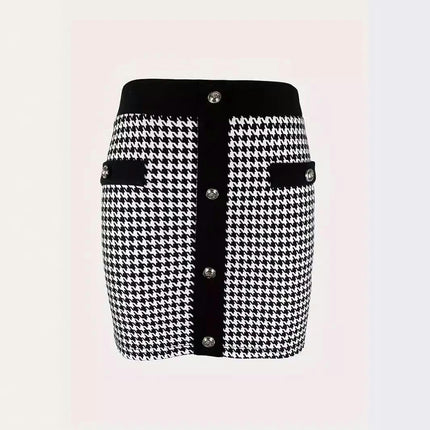 Women's Elegant Plaid Mini Skirts High Waist Bodycon Button Short Skirt