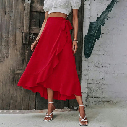 Women's Elegant Wrap Long Skirt Asymmetrical Ruffle Tie High Waist A-line Flowy Skirts