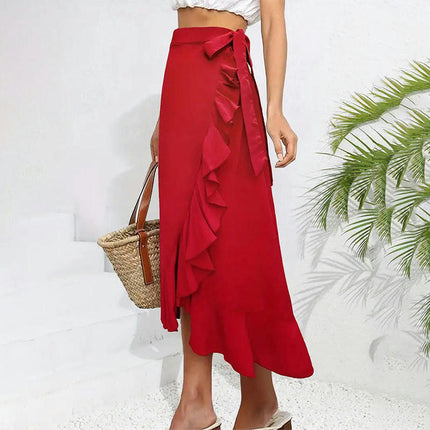 Women's Elegant Wrap Long Skirt Asymmetrical Ruffle Tie High Waist A-line Flowy Skirts