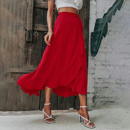 Women's Elegant Wrap Long Skirt Asymmetrical Ruffle Tie High Waist A-line Flowy Skirts