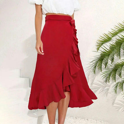 Women's Elegant Wrap Long Skirt Asymmetrical Ruffle Tie High Waist A-line Flowy Skirts