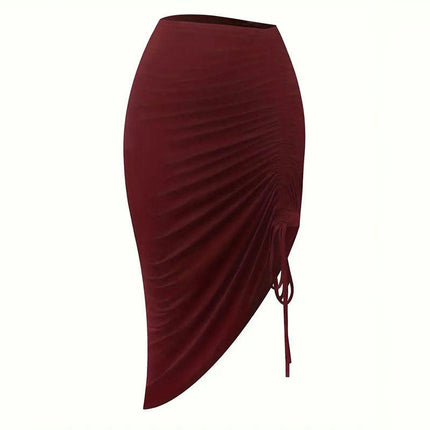 Women's High Waisted Ruched Drawstring Split Thigh Bodycon Midi Skirt