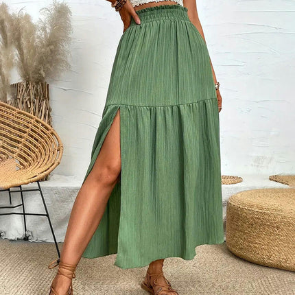 Women's Summer Boho Flowy Maxi Skirt Slit Elastic High Waist A Line Beach Long Skirts