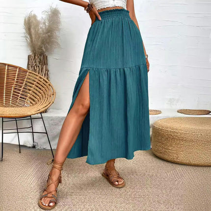 Women's Summer Boho Flowy Maxi Skirt Slit Elastic High Waist A Line Beach Long Skirts