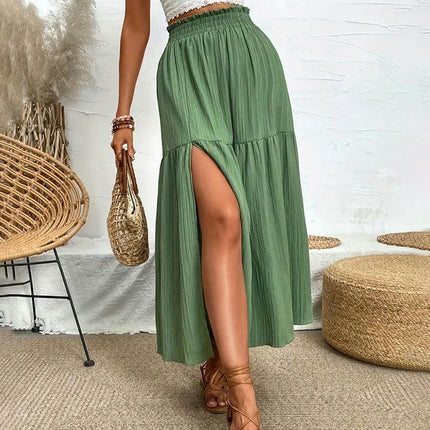 Women's Summer Boho Flowy Maxi Skirt Slit Elastic High Waist A Line Beach Long Skirts