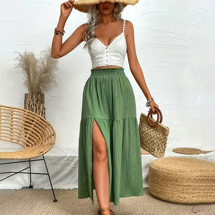 Women's Summer Boho Flowy Maxi Skirt Slit Elastic High Waist A Line Beach Long Skirts